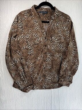 Adrienne Vittadini Leopard Print Button-Down Blouse in Brown and Black